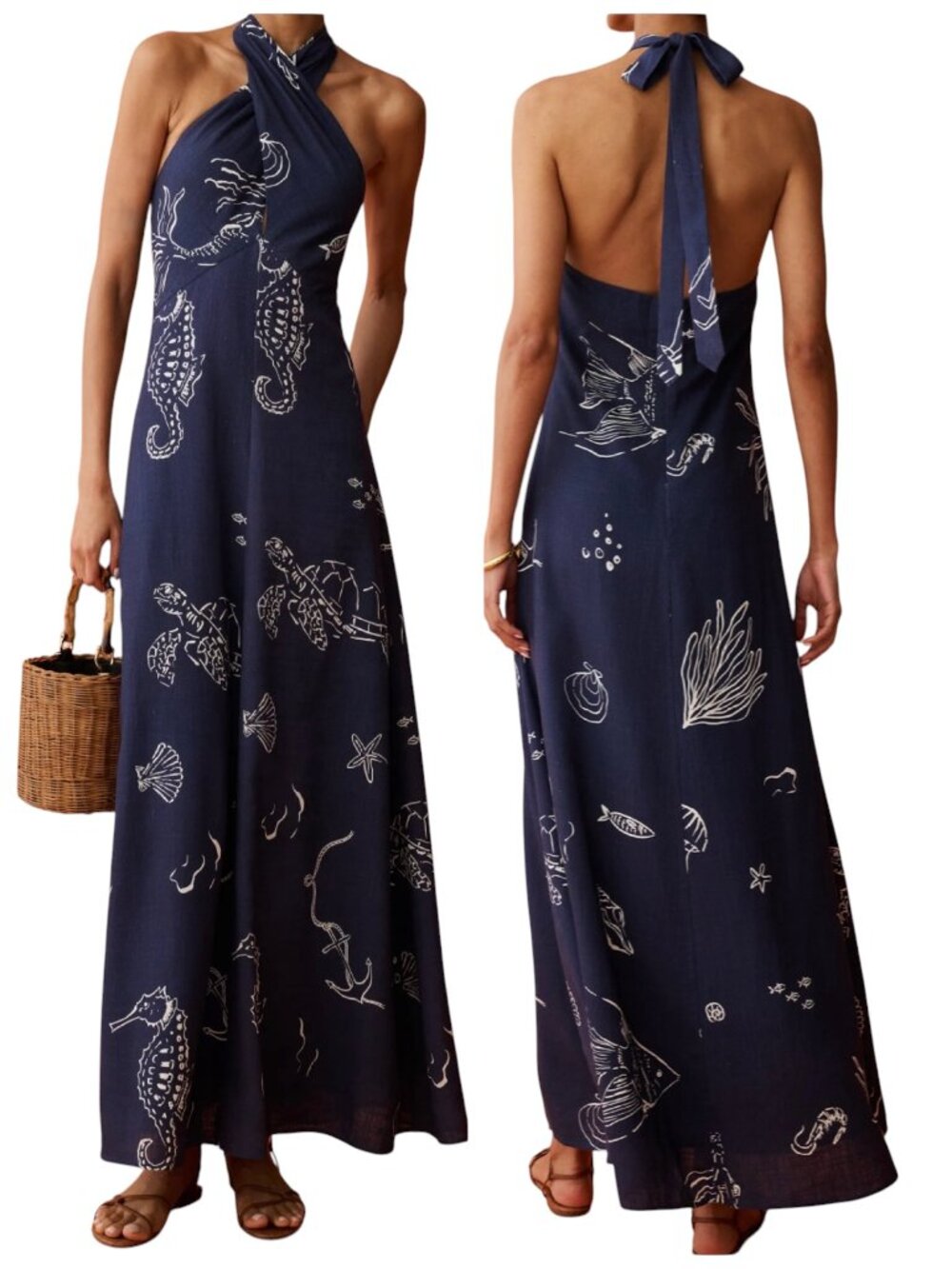 Anaya Oceana Halter Maxi Dress Linen Blend Ocean Print NWT Size 4